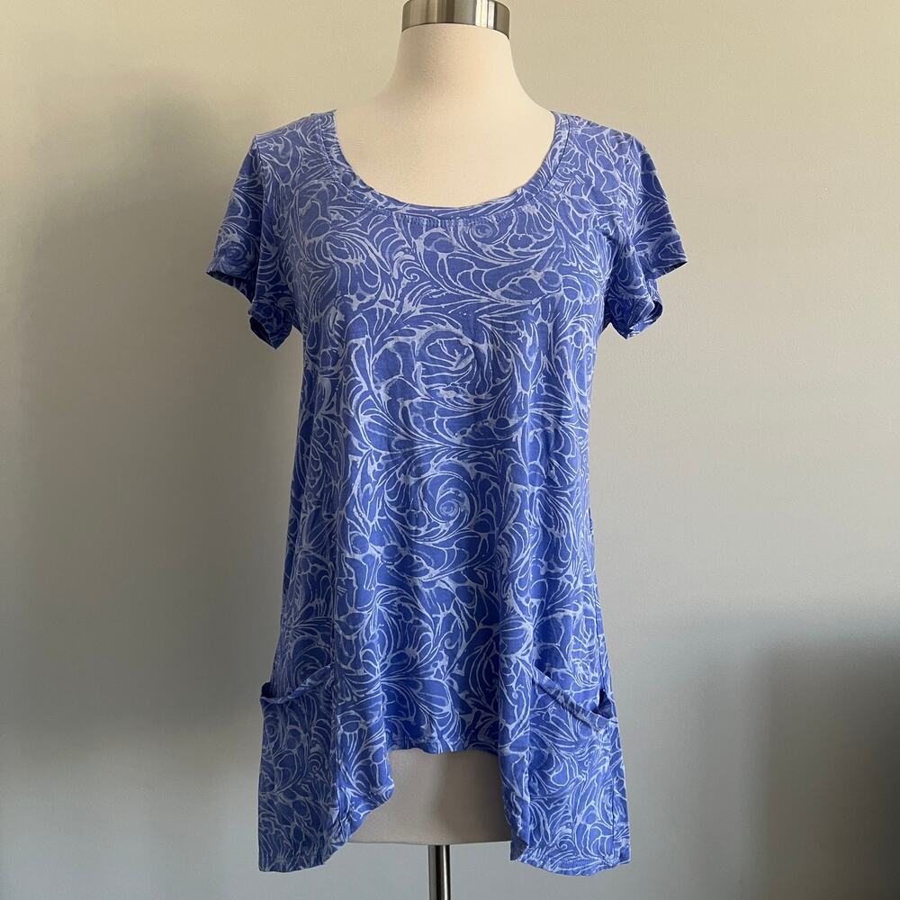 Fresh Produce Blue Purple Wander Twin Peaks Ikat Top Shirt Scoop Neck XS